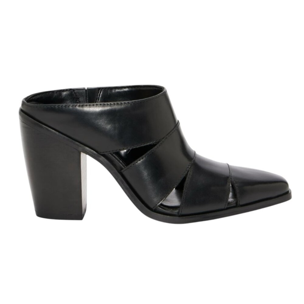 Black Leather Block Heel Mule